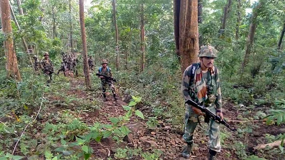 Security personnel during an encounter with Naxalites, in Kanker district, Tuesday, April 16, 2024