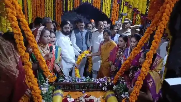 Maharashtra CM Eknath Shinde and Deputy CMs Ajit Pawar and Devendra Fadnavis participate in the celebrations of the 394th birth anniversary of Shivaji Maharaj at Shivneri Fort.