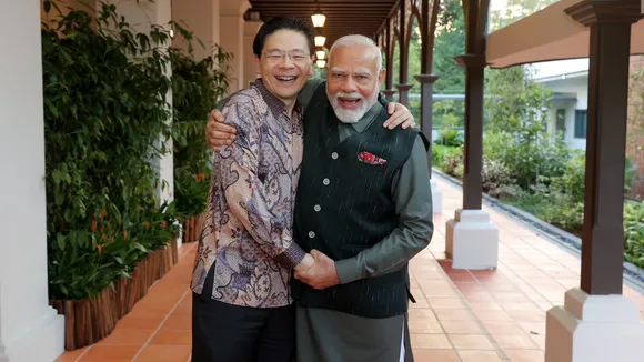 Singaporean prime minister Lawrence Wong meets his Indian counterpart Narendra Modi in Singapore on September 4, 2024