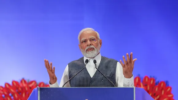 Prime Minister Narendra Modi addresses during the launch of a week-long programme for Aspirational Blocks titled ‘Sankalp Saptaah’, at Bharat Mandapam in New Delhi, Saturday