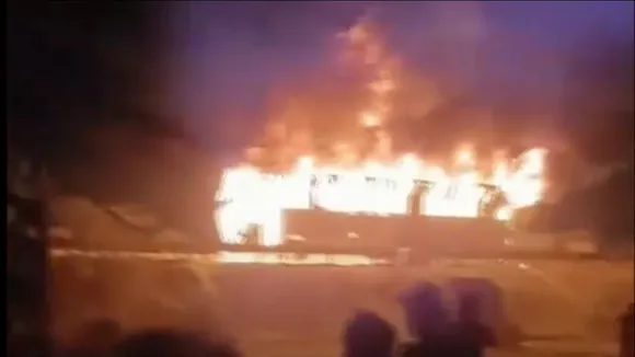 Wreckage of a bus after it caught fire that left at least eight dead and twenty others injured, near Tauru in Haryana's Nuh district, in the early hours of Saturday, May 18, 2024.