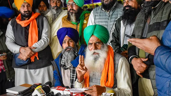 Farmer leaders Sarwan Singh Pandher and Jagjit Singh Dallewal address the media at the Punjab-Haryana Shambhu border during the 'Delhi Chalo' protest march