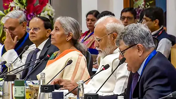 Prime Minister Narendra Modi, Union Finance Minister Nirmala Sitharaman and others during a meeting with economists at NITI Aayog, in New Delhi, Thursday, July 11, 2024.