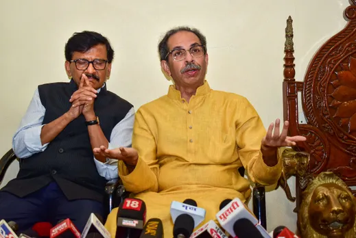 Shiv Sena (UBT) chief Uddhav Thackeray with party leader Sanjay Raut during a press conference after Supreme Court's decision on Maharashtra political crisis, in Mumbai