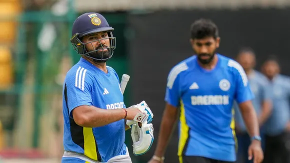 Indian Captain Rohit Sharma and Jasprit Bumrah during a training session ahead of the first cricket test match between India and New Zealand at M. Chinnaswamy Stadium in Bengaluru, Karnataka, Monday, Oct. 14, 2024.