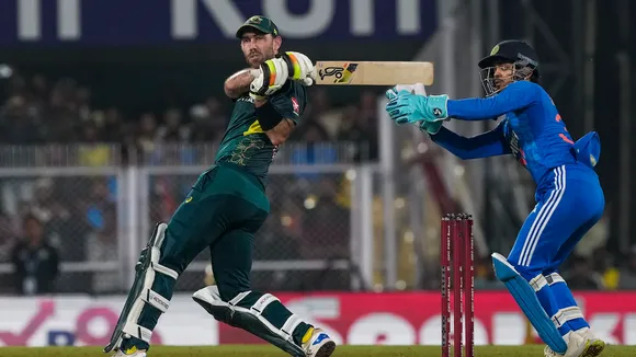 Australian batter Glenn Maxwell plays a shot during the 3rd T20 cricket match between India and Australia, at the ACA (Assam Cricket Association) Stadium in Guwahati, Tuesday, Nov. 28, 2023. 