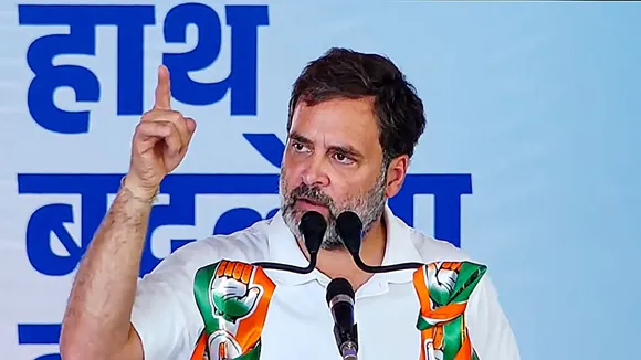 Congress leader Rahul Gandhi addresses a public meeting, in Bikaner, Thursday, April 11, 2024