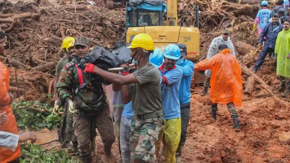 Rescue operation underways after landslides triggered by rain, in Wayanad district. 