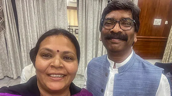 Hemant Soren with Congress MLA Deepika Pandey at the Jharkhand UPA's meeting, in Ranchi, Tuesday, Jan. 30, 2024.