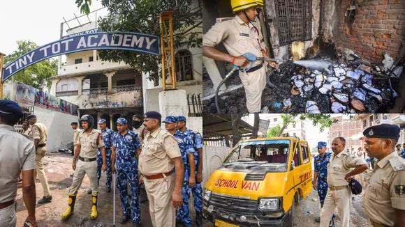 Police personnel outside a school vandalised in a protest after a four-year-old child was allegedly found dead near the school premises, in Patna, Friday, May 17, 2024