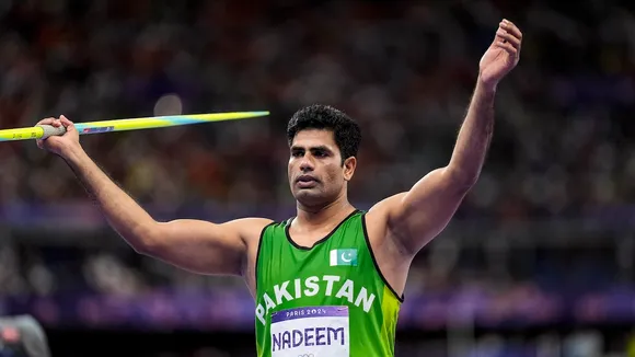 Pakistan's Arshad Nadeem competes in the men's javelin throw final at the 2024 Summer Olympics, in Paris, France, Thursday, Aug. 8, 2024. Nadeem set a new Olympic record with his throw of 92.97m.