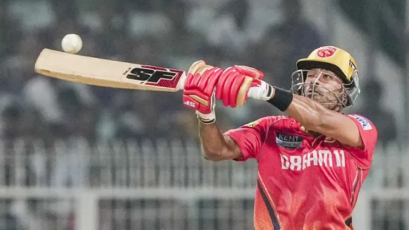Punjab Kings' batter Shashank Singh plays a shot during IPL match between PBKS and KKR 