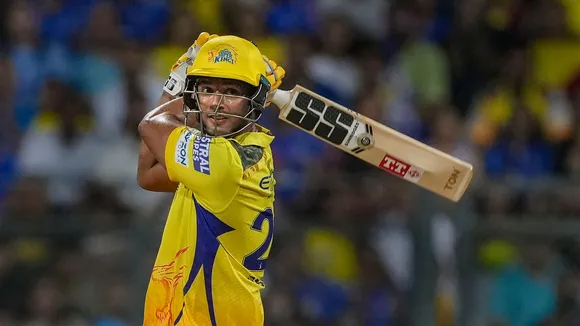 Chennai Super Kings batter Shivam Dube plays a shot during the Indian Premier League (IPL) cricket match between Chennai Super Kings and Mumbai Indians, at Wankhede Stadium in Mumbai, Sunday, April 14, 2024