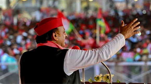 Samajwadi Party Chief Akhilesh Yadav addresses a public meeting for Lok Sabha elections