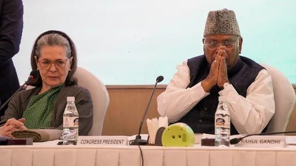 Congress President Mallikarjun with party leader Sonia Gandhi during the ‘Congress Working Committee Meeting’, at AICC headquarters, in New Delhi, Thursday, Dec. 21, 2023.