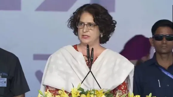 Congress general secretary Priyanka Gandhi Vadra addresses INDIA bloc rally at Ramlila Ground in New Delhi