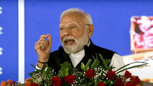 Prime Minister Narendra Modi speaks during 'Lakhpati Didi Sammelan', in Jalgaon, Sunday, Aug. 25, 2025.