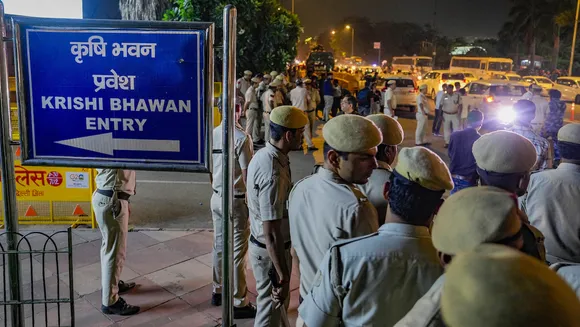 Police personnel stand guard outside the Krishi Bhawan after All India Trinamool Congress (AITC) delegation led by National General Secretary Abhishek Banerjee who were waiting for Union Minister of State for Rural Development Sadhvi Niranjan Jyoti at the Union Rural Development Ministry office were allegedly detained, in New Delhi, Tuesday, Oct. 3, 2023.