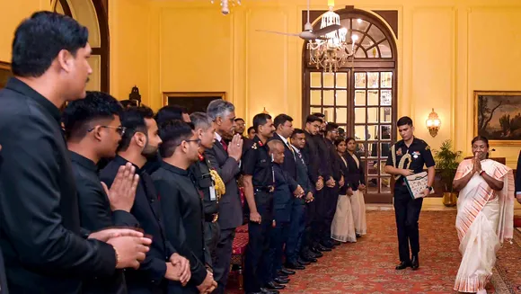 President Droupadi Murmu being greeted by Probationers of Military Engineer Services (MES) during a meeting at Rashtrapati Bhavan, in New Delhi, Friday