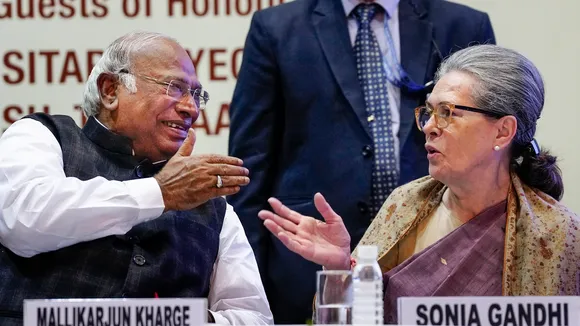 Congress President Mallikarjun Kharge with party's senior leader Sonia Gandhi at the launch of his biography