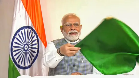 Prime Minister Narendra Modi flags-off Tatanagar-Patna Vande Bharat train, in Jamshedpur, Jharkhand, Sunday, Sept. 15, 2024.