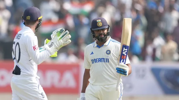 India's captain Rohit Sharma celebrates his fifty on the first day of the third cricket test match between India and England