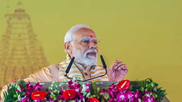 Prime Minister Narendra Modi speaks during foundation stone laying ceremony of Shri Kalki Dham at Anchora Kamboh in Sambhal