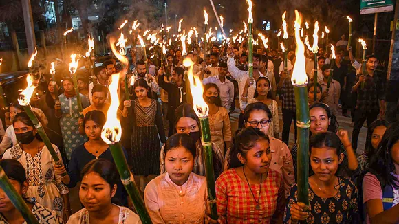 Members of All Assam Students Union (AASU) take part in a protest march after the central government notified the rules for implementation of the Citizenship (Amendment) Act, 2019, in Guwahati, Tuesday, March 12, 2024.