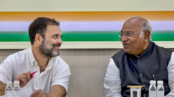 Congress President Mallikarjun Kharge with party leader Rahul Gandhi in a meeting regarding preparations for Lok Sabha elections, in New Delhi