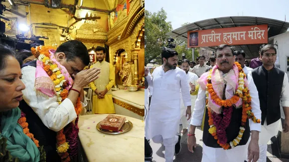 AAP MP Sanjay Singh visits Hanuman Mandir, a day after he was released from the Tihar Jail following a Supreme Court order granting him bail in the Delhi excise policy case, in New Delhi, Thursday, April 4, 2024