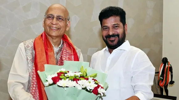 Congress leader Abhishek Manu Singhvi with Telangana Chief Minister A Revanth Reddy, in Hyderabad
