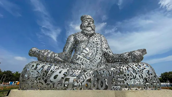 A 25-ft high statue of legendary Tamil poet Thiruvalluvar installed near Kurichikulam lakefront as part of a Smart City project, in Coimbatore