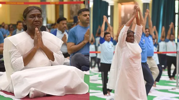 President Droupadi Murmu performs yoga on the occasion of the 10th International Day of Yoga, in New Delhi, Friday, June 21, 2024.