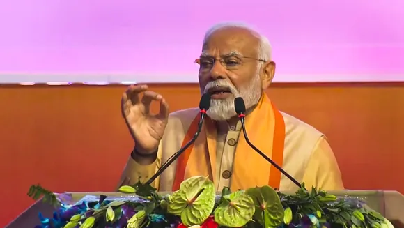 Prime Minister Narendra Modi speaks during the 4th groundbreaking ceremony of UP Global Investors' Summit, in Lucknow