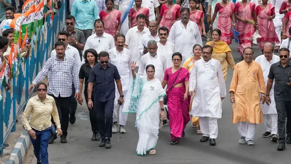 West Bengal Chief Minister and TMC supremo Mamata Banerjee during a campaign road show for the last phase of Lok Sabha elections, in Kolkata, Thursday, May 30, 2024