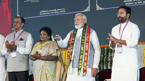 Prime Minister Narendra Modi during foundation stone laying and inauguration of various projects, in Sangareddy