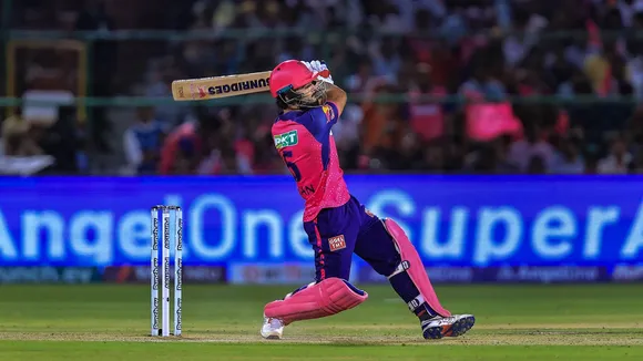 Rajasthan Royals' Riyan Parag plays a shot during the Indian Premier League (IPL) T20 cricket match between Rajasthan Royals and Gujarat Titans at Sawai Mansingh Stadium, in Jaipur, Wednesday, April 10, 2024