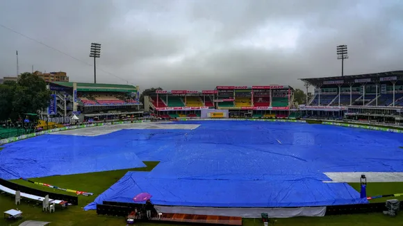 Covers placed on the ground following rains, during the second day of the 2nd Test cricket match between India and Bangladesh, at the Green Park Stadium, Kanpur, Saturday, Sep. 28, 2024.
