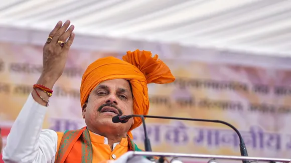 Madhya Pradesh Chief Minister Mohan Yadav speaks during a public meeting, ahead of the Lok Sabha elections, in Durg district