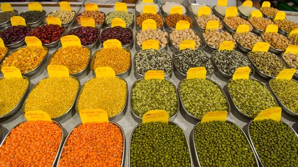 Samples of pulses kept on display inside a shop at a wholesale market on the day of the presentation of Union Budget, in Guwahati, Tuesday, July�23, 2024