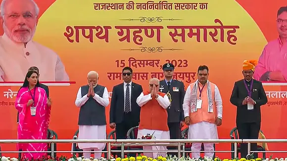 Prime Minister Narendra Modi with Rajasthan Governor Kalraj Mishra, CM-designate Bhajan Lal Sharma and his deputies Diya Kumari and Prem Chand Bairwa