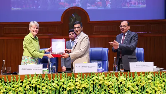 ICJ Judge Hilary Charlesworth being welcomed by CJI DY Chandrachud 