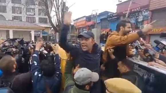 Aam Aadmi Party (AAP) workers protest in Srinagar against the arrest of Delhi CM Arvind Kejriwal by ED