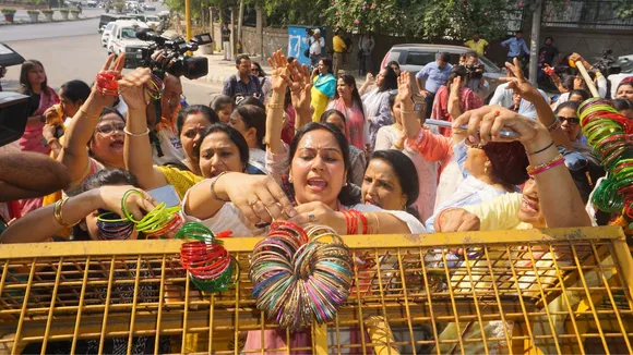BJP's women workers protest outside Delhi Chief Minister Arvind Kejriwal's official residence over AAP Rajya Sabha MP Swati Maliwal 'assault' case, in New Delhi, Friday, May 17, 2024