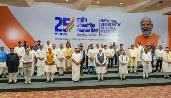Prime Minister Narendra Modi, BJP President J P Nadda, Union Ministers Rajnath Singh, Amit Shah, Shiv Sena (Shinde) chief Eknath Shinde Edappadi K Palaniswami anfd other NDA leaders during the meeting of the National Democratic Alliance (NDA), in New Delhi