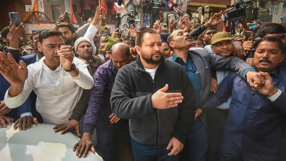 Tejashwi Yadav arrives at the Enforcement Directorate's (ED) office for questioning in the alleged land-for-jobs scam, in Patna