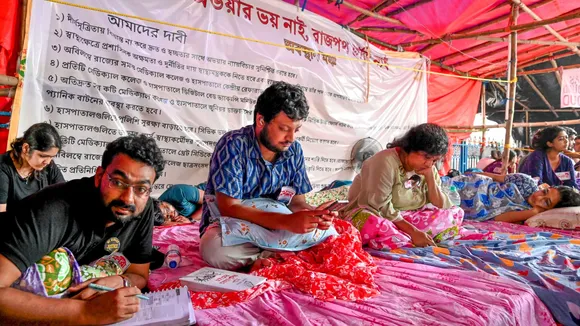 Junior doctors, protesting over the alleged rape and murder of their colleague at the RG Kar hospital, in Kolkata