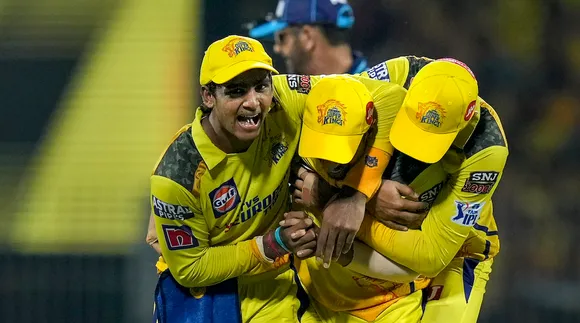 Chennai Super Kings players celebrate after the run-out of Gujarat Titans batter Darshan Nalkande in Chennai on May 23