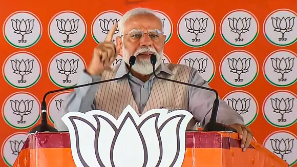Prime Minister Narendra Modi speaks during a public meeting, ahead of Lok Sabha elections, in Saharanpur, Saturday, April 6, 2024