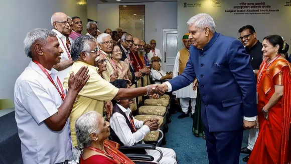 Vice President Jagdeep Dhankhar with awardees during the Sangeet Natak Akademi Amrit Awards, in New Delhi, Saturday